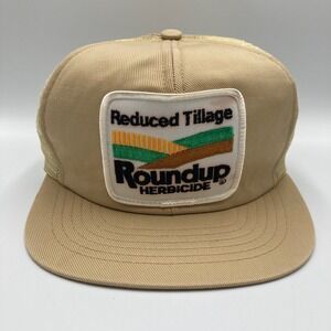 Vintage Roundup Herbicide Reduced Tillage Trucker Hat Tan Mesh‎ Baseball Cap